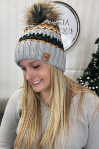 GREY & MULTICOLORED PATTERNED POM HAT
